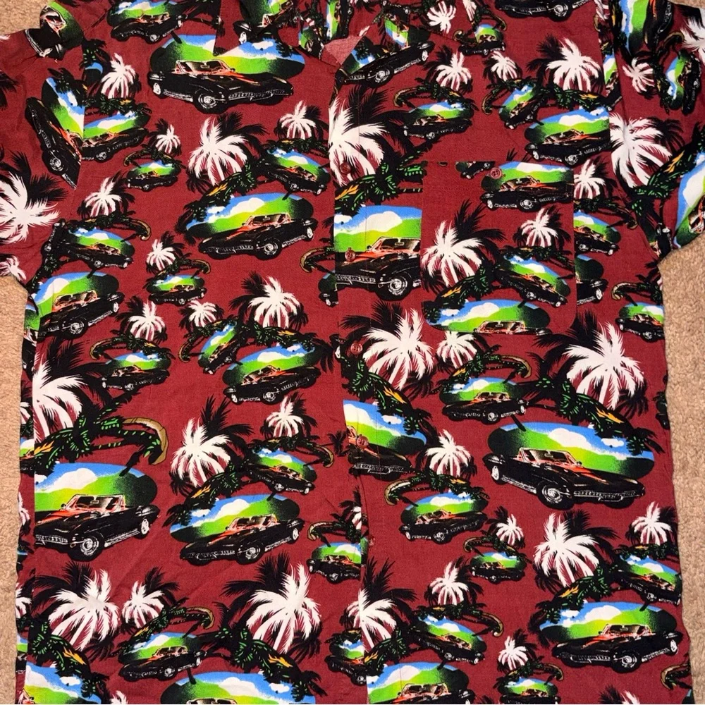 Puritan Hawaiian Shirt Mens Large Red Tropical Cars Palm Tree Button Up - Picture 3 of 6